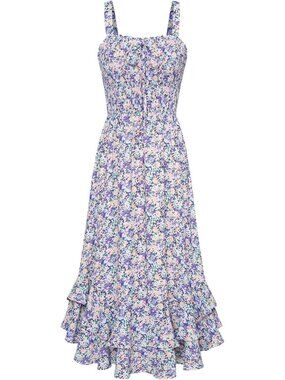 Women's Maxi Dress Purple Floral Square Neck Sleeveless A LINE Summer Comfort